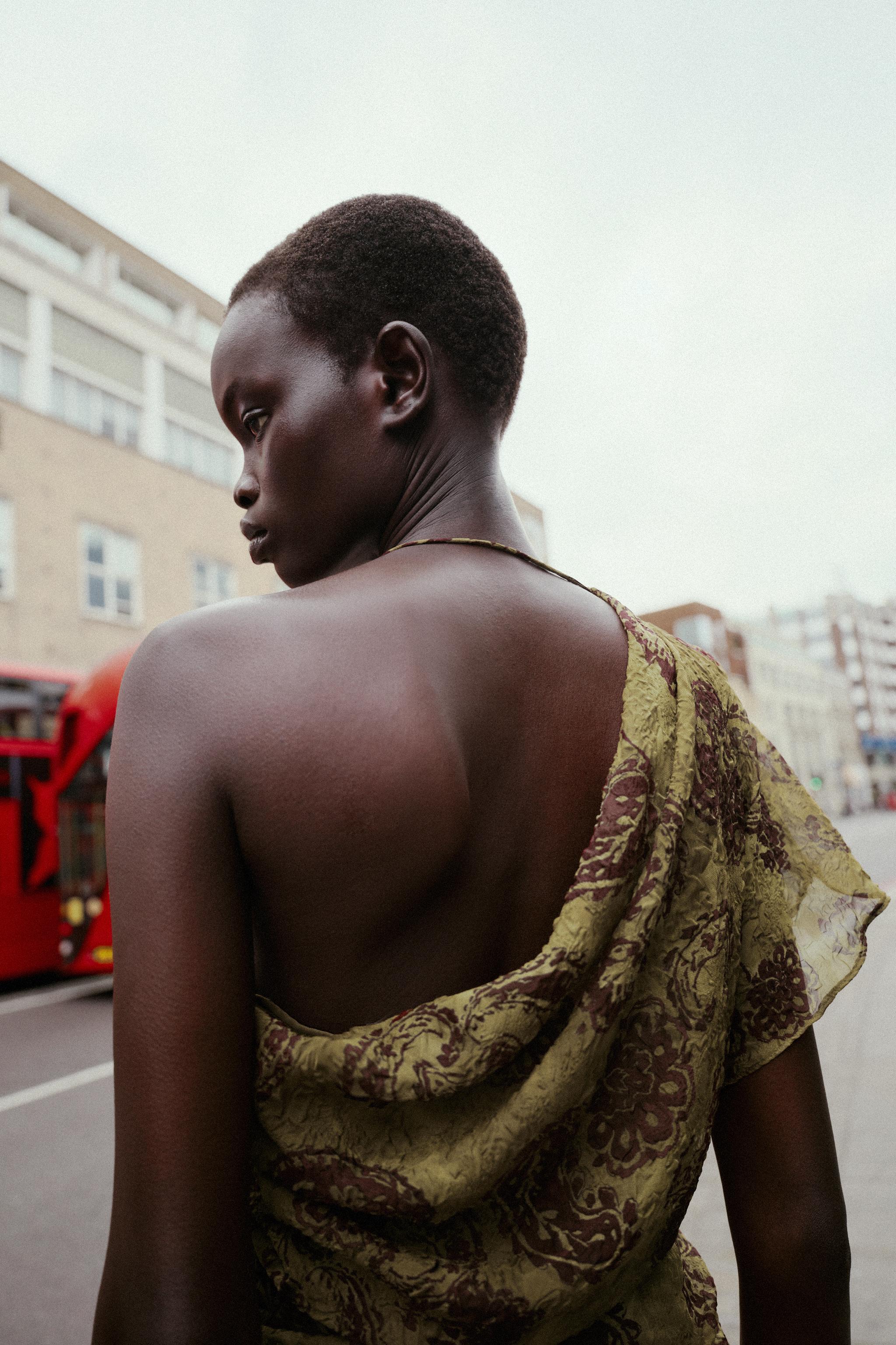 ASYMMETRIC PRINTED MIDI DRESS